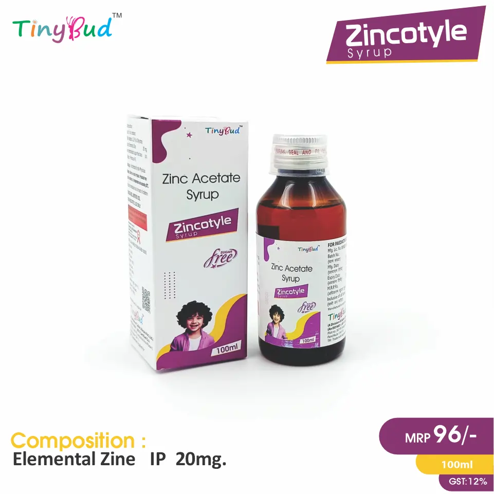 Zinc Acetate Solution Syrup at the best price in PCD Pharma Franchise for Mineral Supplement, Immune Support, and Antioxidant Activity.